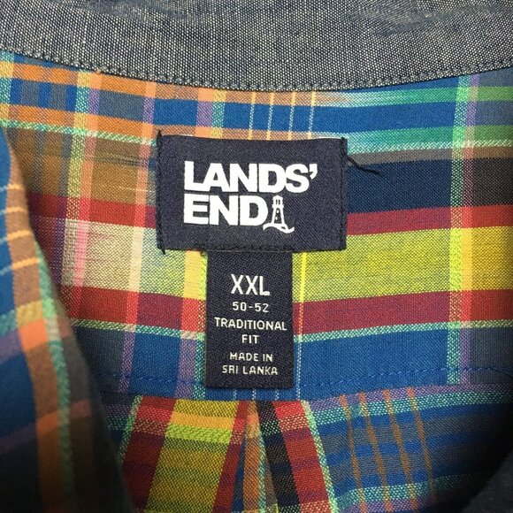 Lands End Men Button Up Front Shirt size XXL Short Sleeve Pocket Blue Pink Plaid - Picture 4 of 14